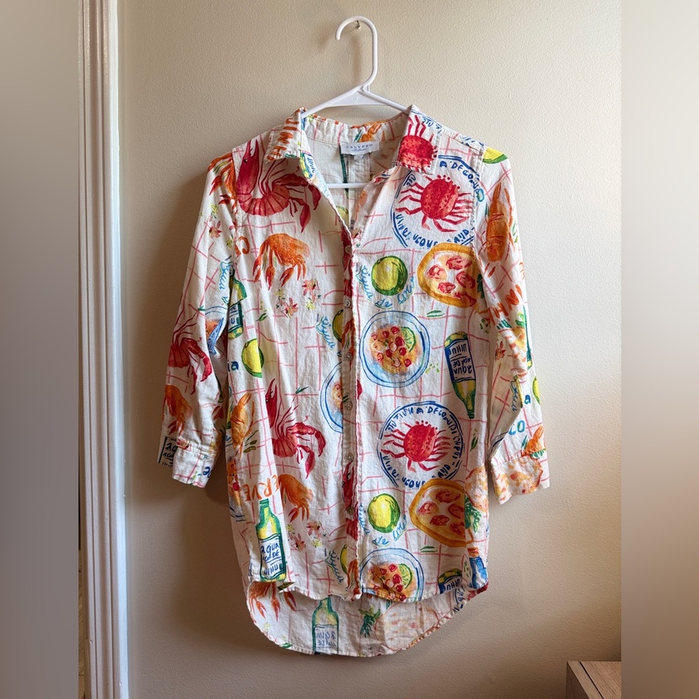 Calypso St. Barth Coastal Seafood Print Linen Button Down Shirt
